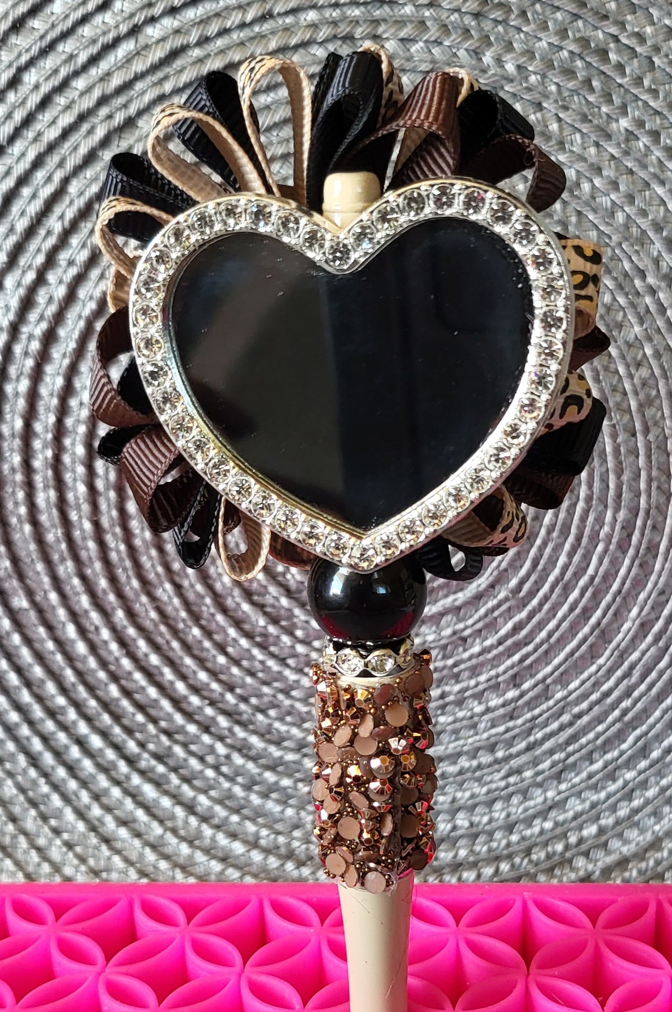Heart Shaped Mirror Pen with Animal Print Bow