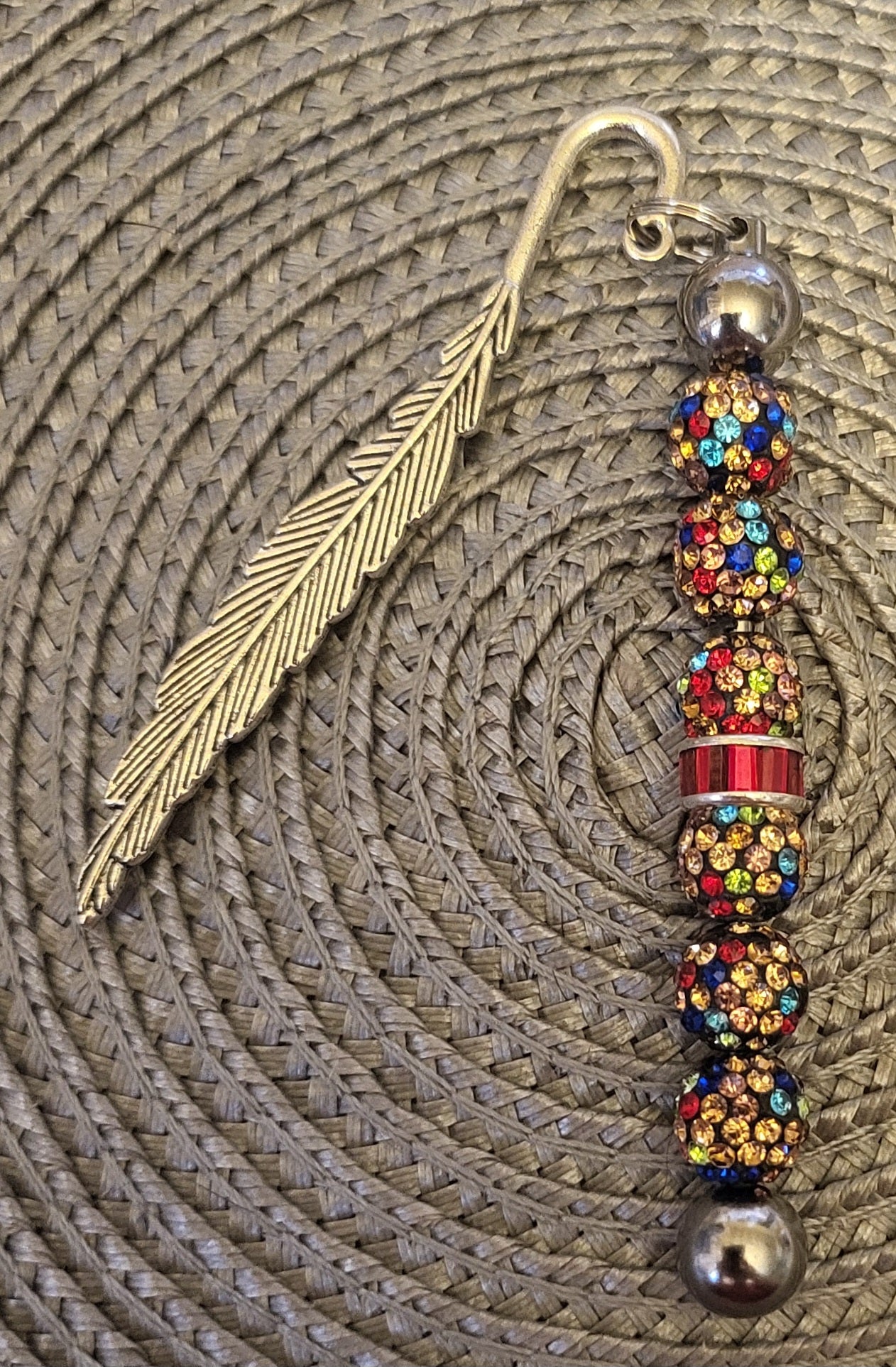 Gold Feather with Multicolored Rhinestone Beads