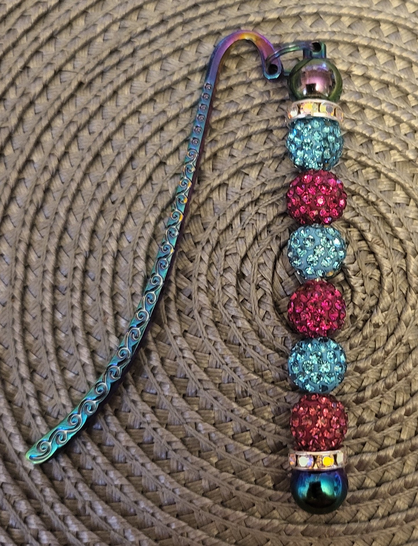 Teal Swirly Bookmark with Fuchia Rhinestone Beads