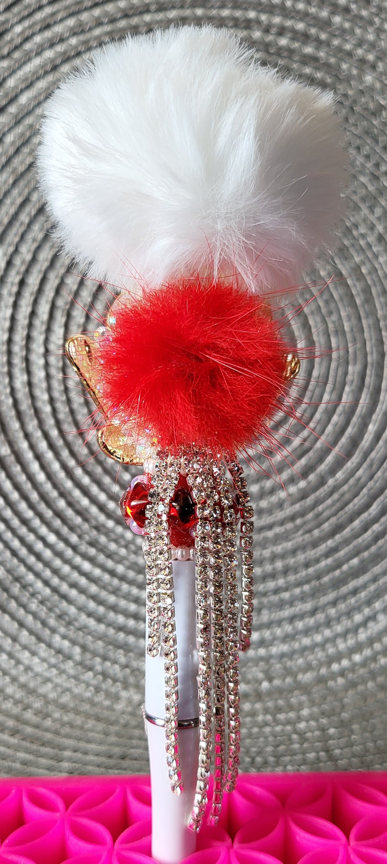 Red and White Mittens with Pompom Pen