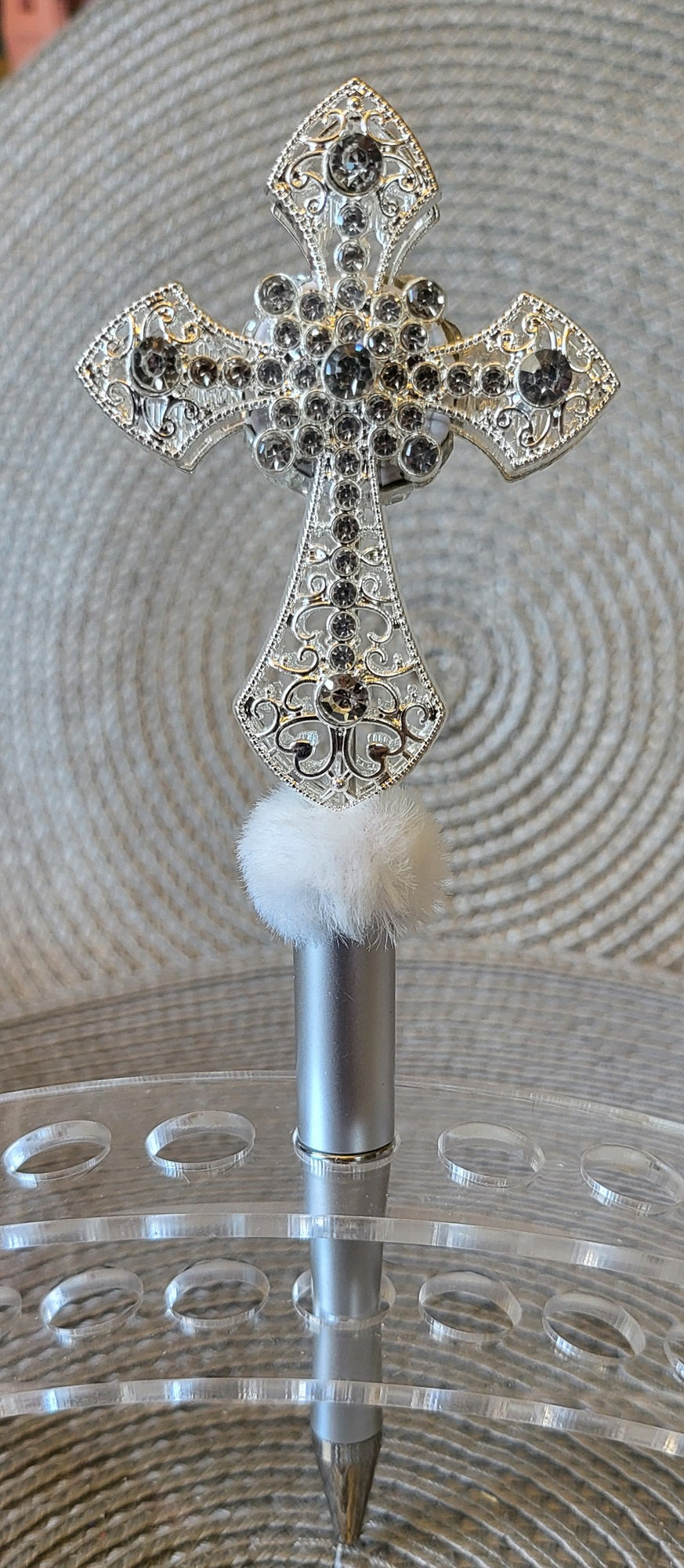 Large Silver Rhinestone Cross Pen