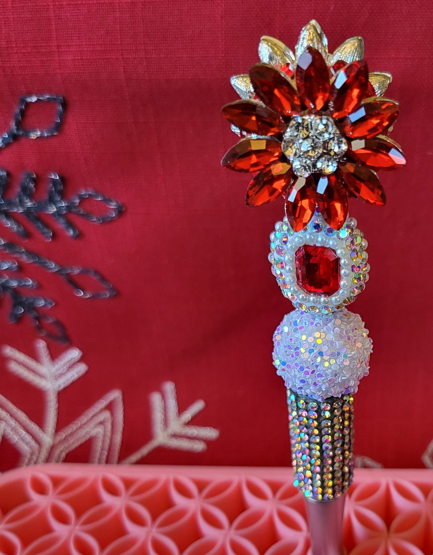Red Crystal Flower Christmas Pen
