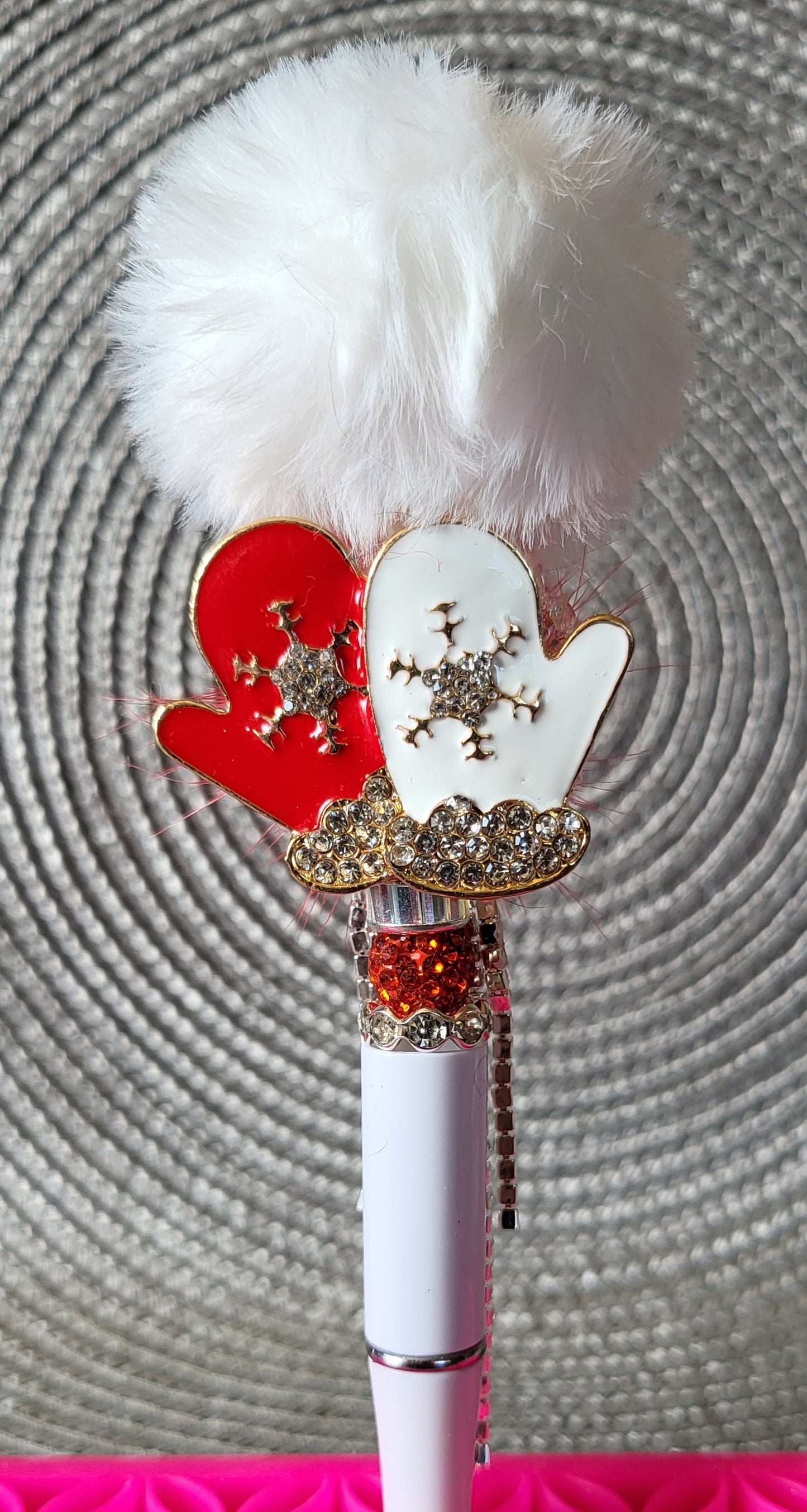 Red and White Mittens with Pompom