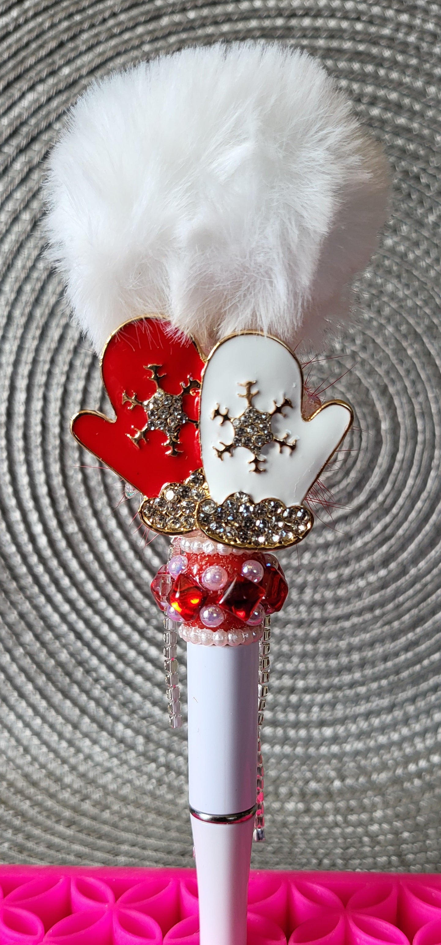 Red and White Mittens with Pompom Pen