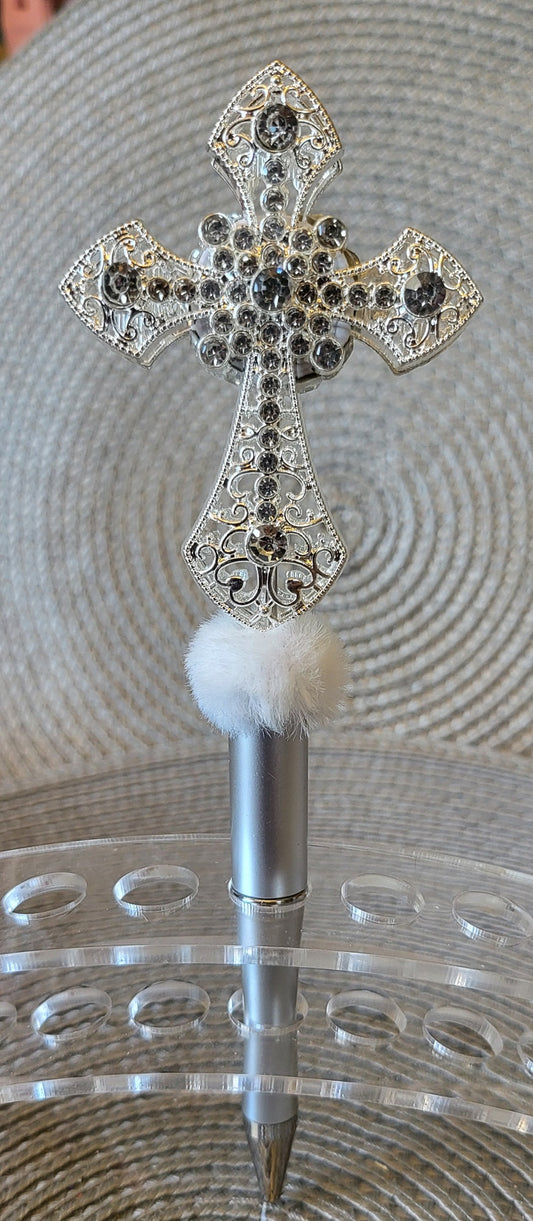 Large Silver Rhinestone Cross Pen