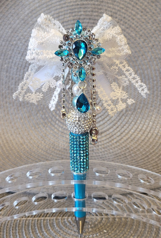 Blue Gems Lace Bow Pen